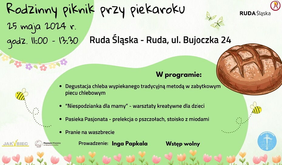 grafika zapowiadająca piknik, data, godzina , pukty programu na zielono-białym tle, na dole tulipany