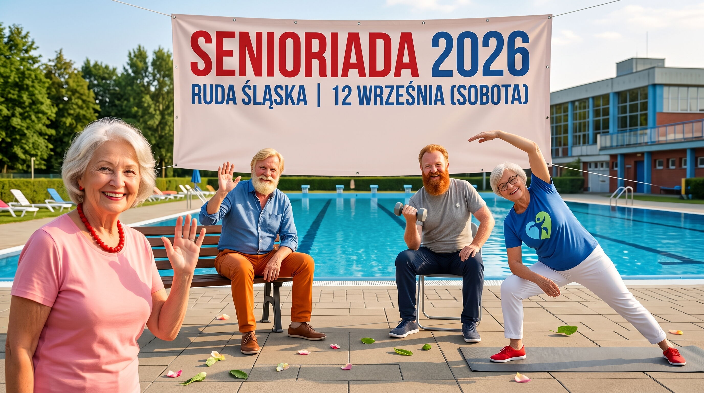 Zdjęcie przedstawia czterech seniorów. Z tyłu napis Senioriada.