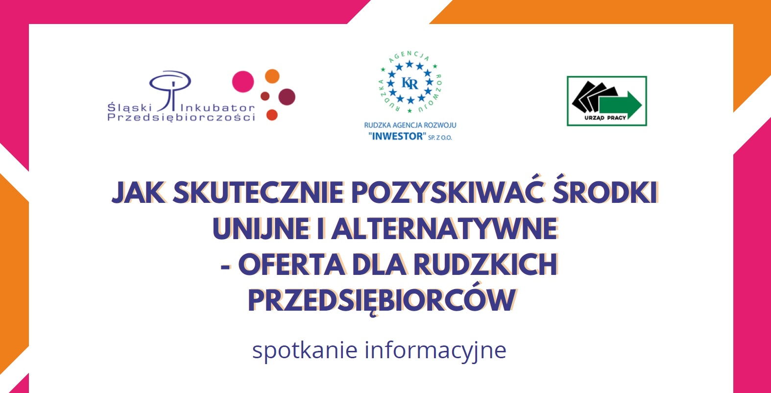 Logotypy: Śląski Inkubator Przedsiębiorczości, Rudzka Agencja Rozwoju "Inwestor", Urząd Pracy. Tekst "Jak skutecznie pozyskiwać środki unijne i alternatywne - oferta dla rudzkich przedsiębiorców. Spotkanie informacyjne".