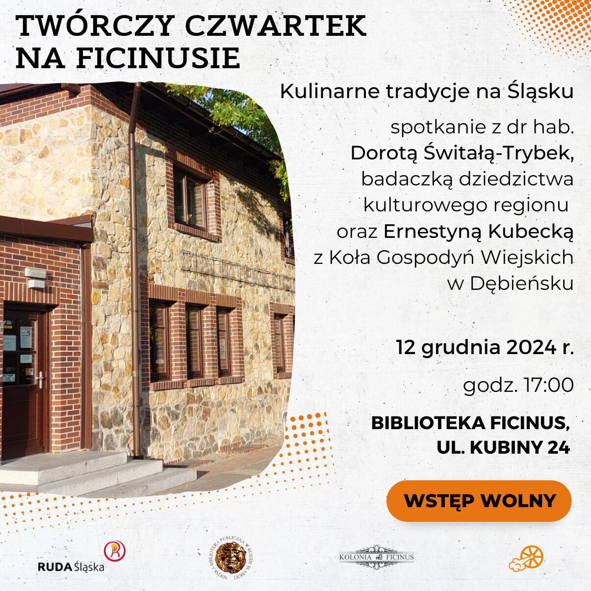 plakat zapowiadający spotkanie w bibliotece, na zdjęciu budynek biblioteki z zewnątrz