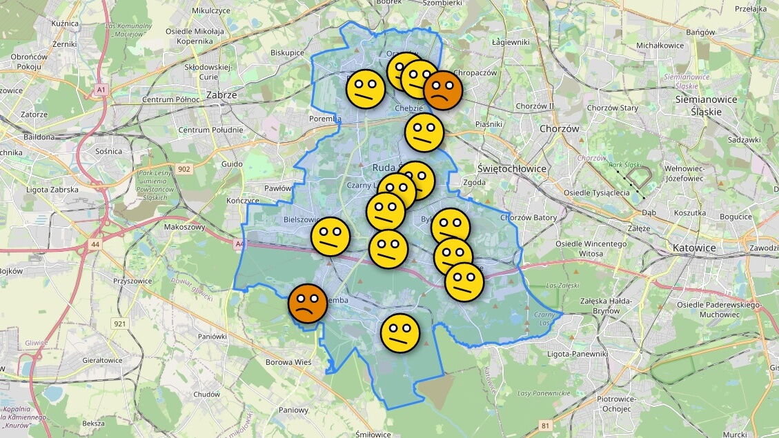 Mapa z buźkami symbolizującymi jakość powietrza na terenie Rudy Śląskiej.