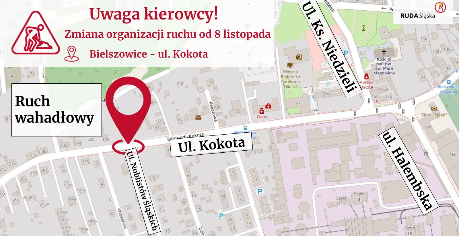 Mapa z zaznaczonym skrzyżowaniem ul. Kokota i Noblistów Śląskich, którego dotyczą utrudnienia.