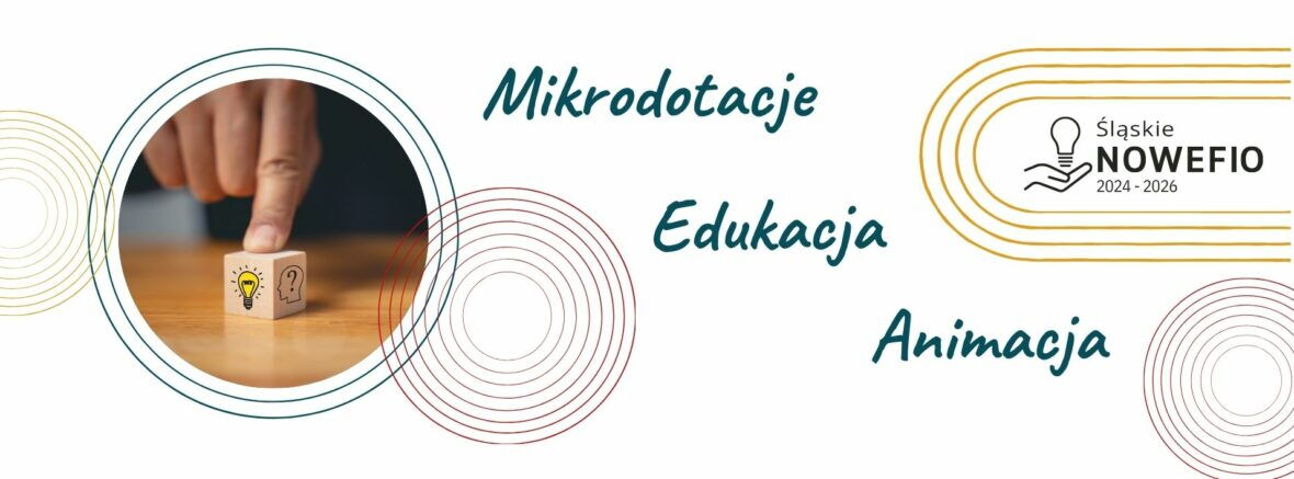 Palec przyciskający kostkę, tekst "mikrodotacje edukacja animacja", logotyp "Śląskie NOWEFIO 2024-2026".