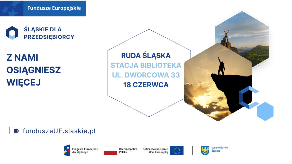 Logotypy: Śląskie dla Przedsiębiorcy, Fundusze Europejskie dla Śląskiego, Rzeczpospolita Polska, Dofinansowane przez Unię Europejską, Województwo Śląskie. Tekst "Z nami osiągniesz więcej. Ruda Śląska, Stacja Biblioteka, ul. Dworcowa 33, 18 czerwca".