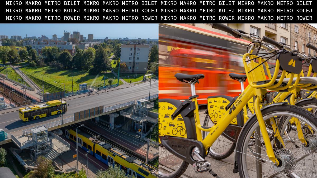 Tekst "mikro makro metro bilet kolej rower", wiadukt, tory kolejowe, autobus, pociąg, tramwaj, rowery miejskie.