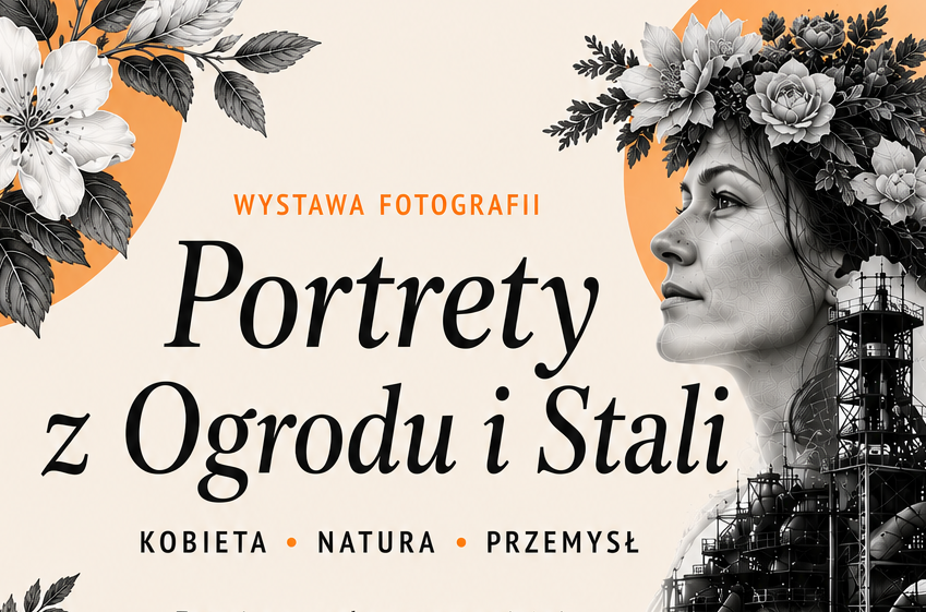 Plakat zapowiadający wernisaż wystawy Portrety z ogrodu i stali.
