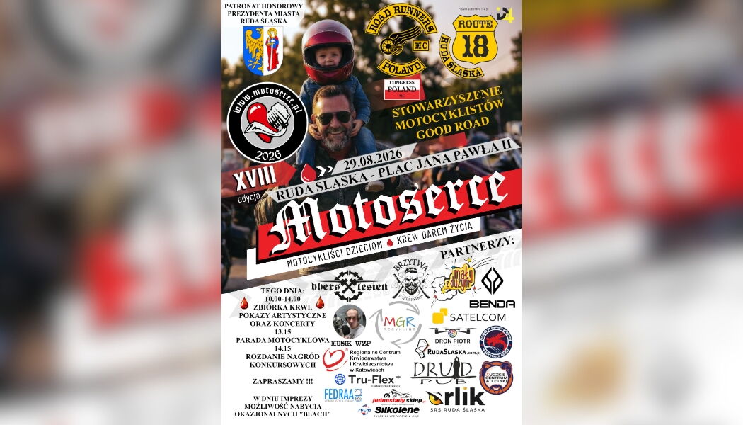 Plakat XVII edycji akcji Motoserce. W tle mężczyzna z dzieckiem w czerwonym kasku motocyklowym na barkach. Na plakacie znajdują się informacje o zbiórce krwi. Widoczne są logotypy partenerów