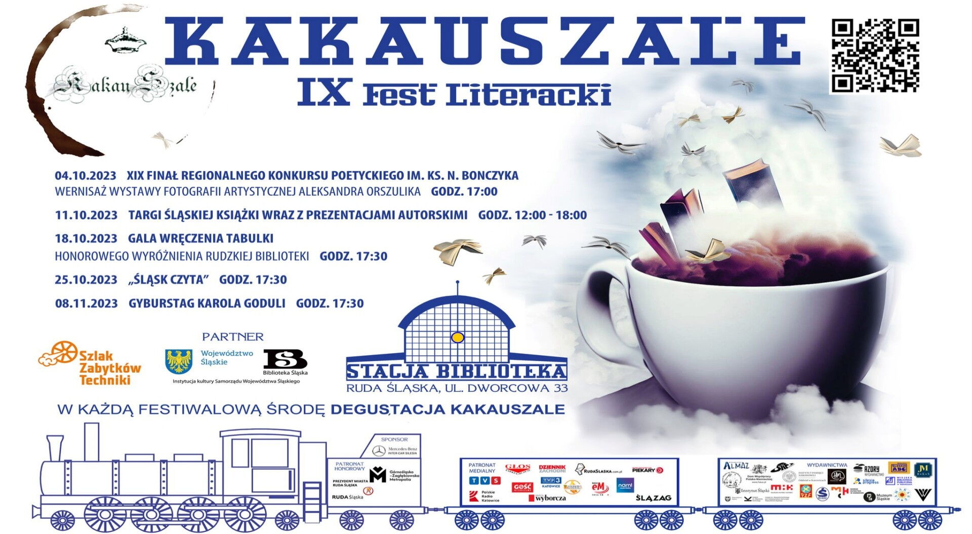 Plakat z programem IX Festu Literackiego "Kakuszale". Logotypy: Szlak Zabytków Techniki, Województwo Śląskie, Biblioteka Śląska, Stacja Biblioteka. Filiżanka, książki, pociąg z logotypami partnerów.