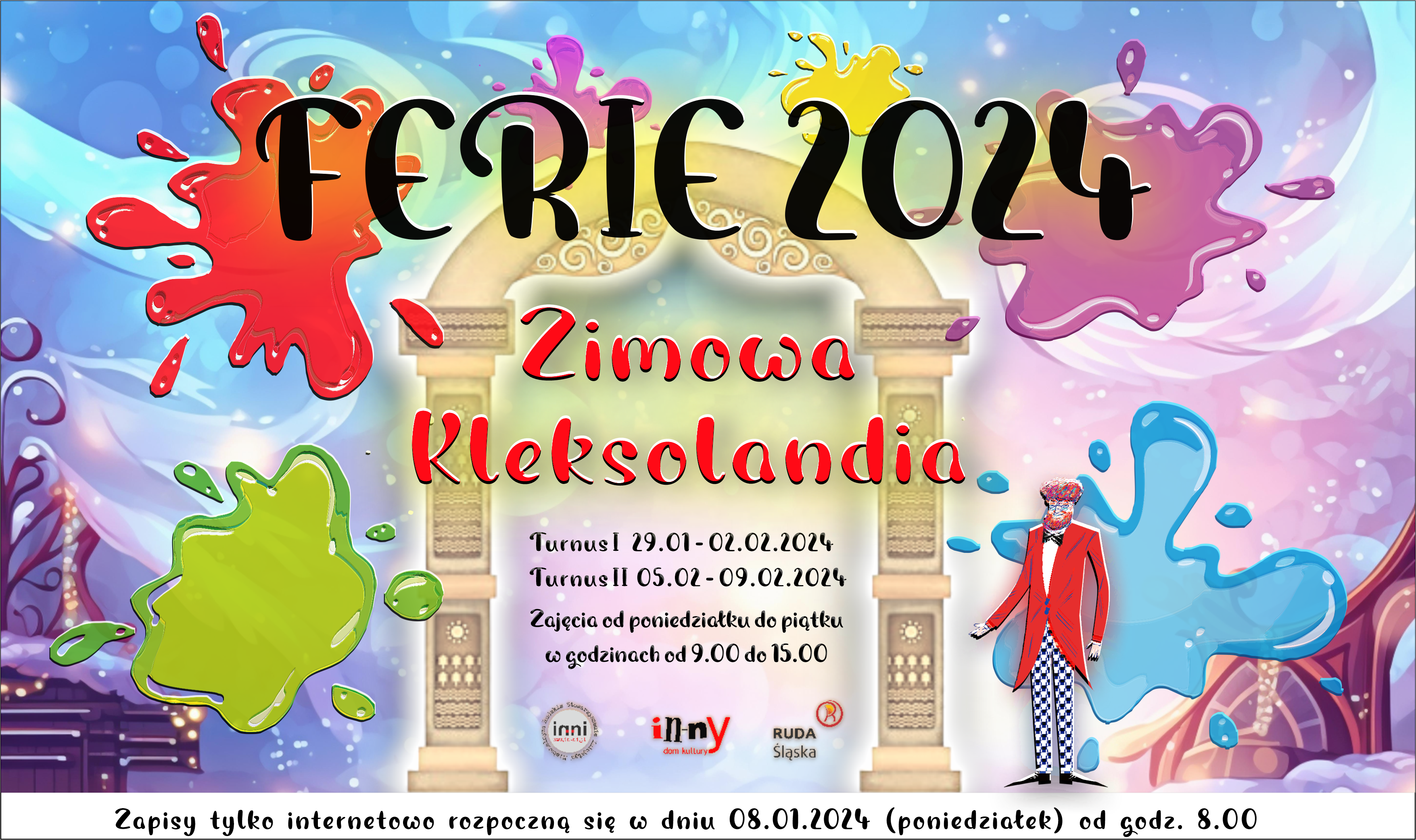 Kolorowy plakat informujący o zapisach na półkolonie zimowe.