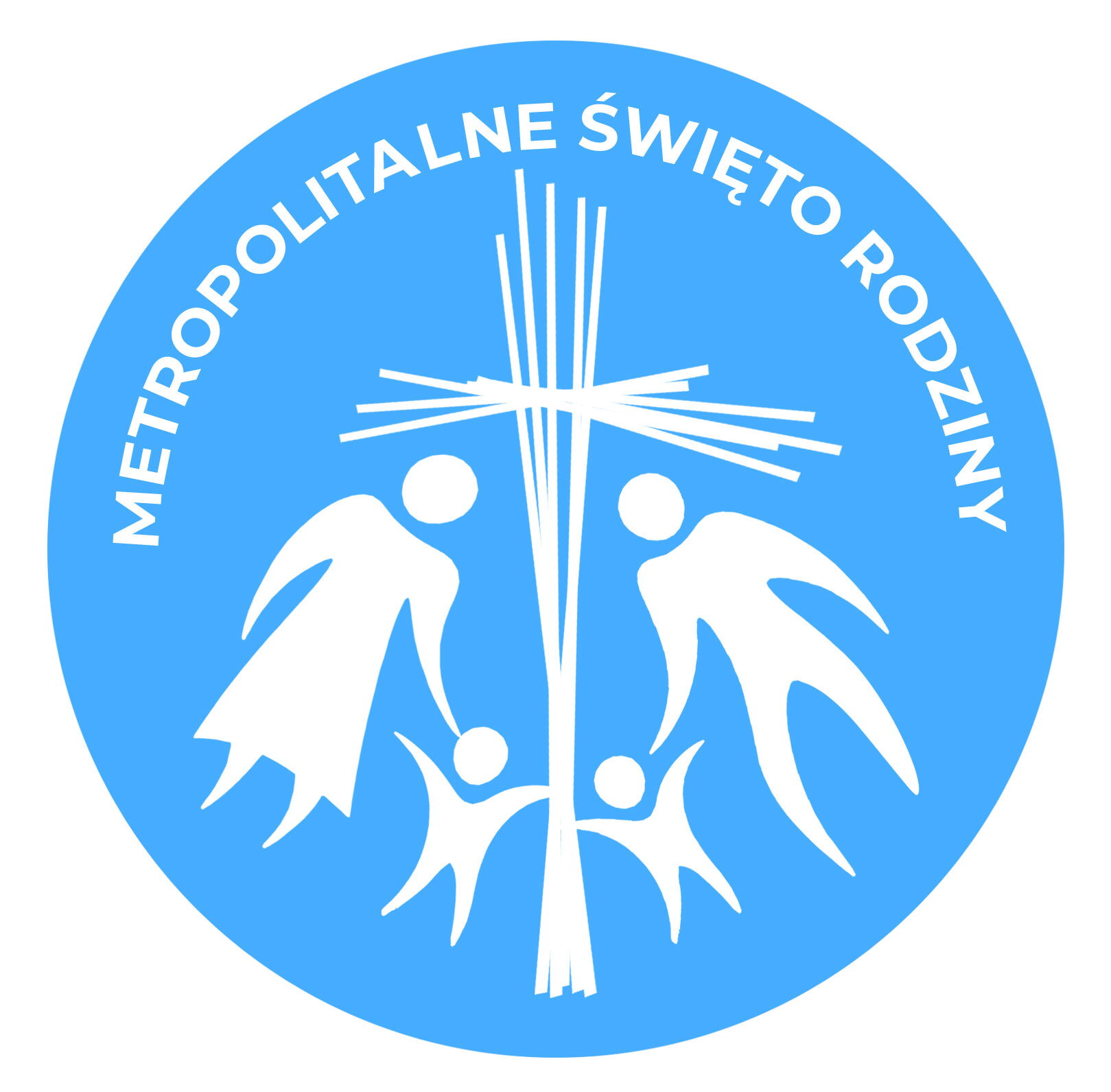 Grafika biała na niebieskim tle przedstawiająca ludziki trzymające się za ręce i napis: Metropolitalne Święto Rodziny.