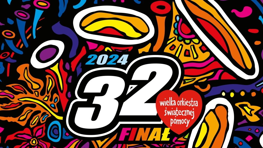 Kolorowa grafika nawązująca do instrumentów dętych z napisem 2024 32 finał wielka orkiestra świątecznej pomocy.