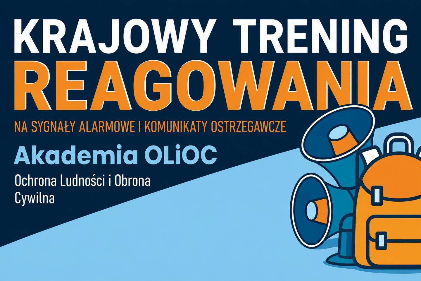 Plakat Krajowego Treningu Reagowania Akademii OLiOC z symbolem plecaka i zagrożenia.