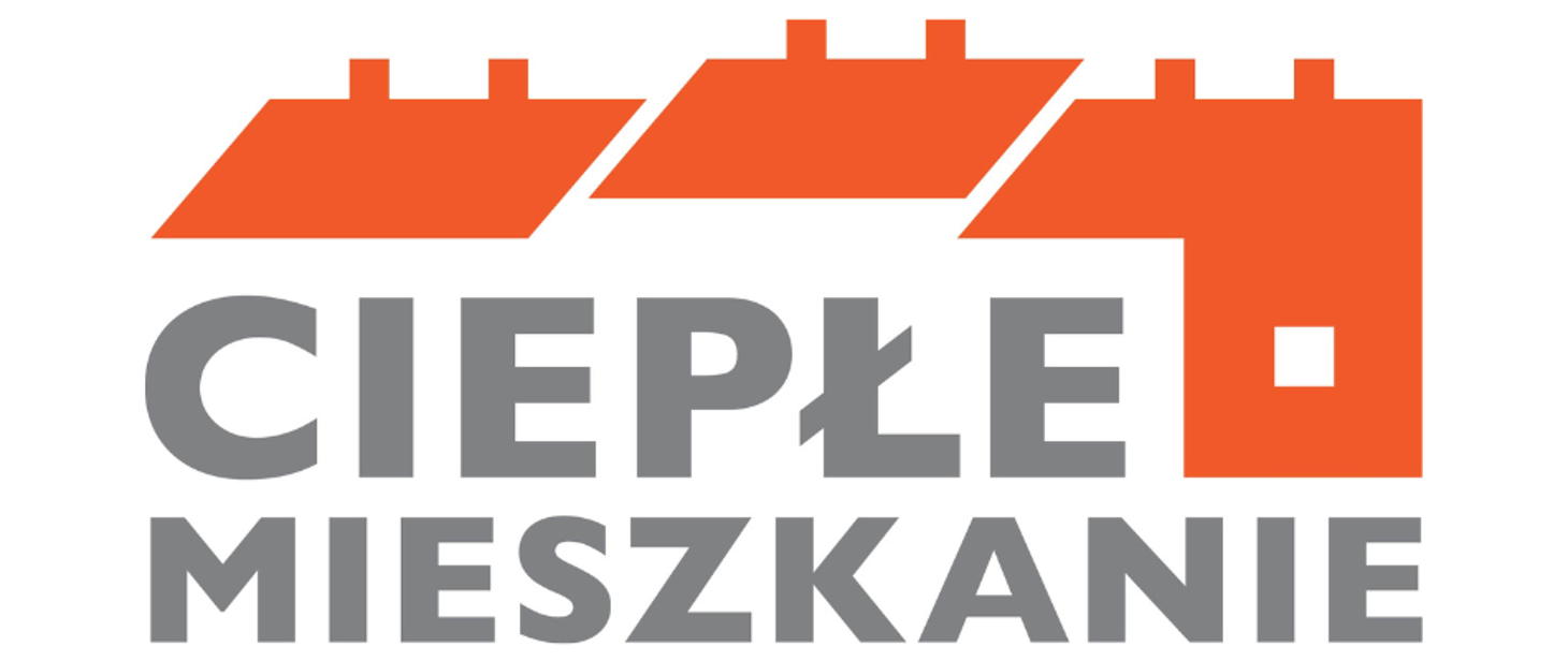 Logotyp programu - napis ciepłe mieszkanie oraz widoczne dachy domów.