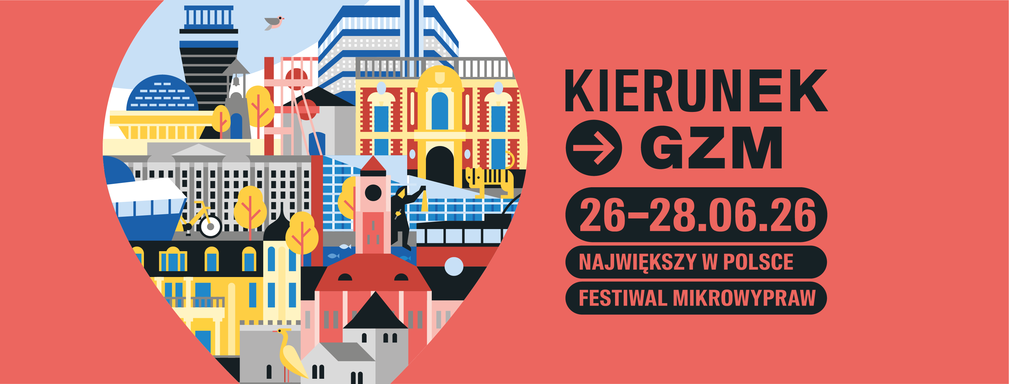 Grafika prezentuje plakat festiwalu "Kierunek GZM" (26-28.06.2026). Po lewej stronie kolarz miast, po prawej napisy promujące