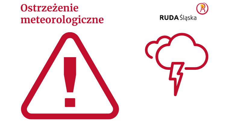 Symbol znaku z wykrzyknikiem i chmury z piorunem, tekst "Ostrzeżenie meteorologiczne".