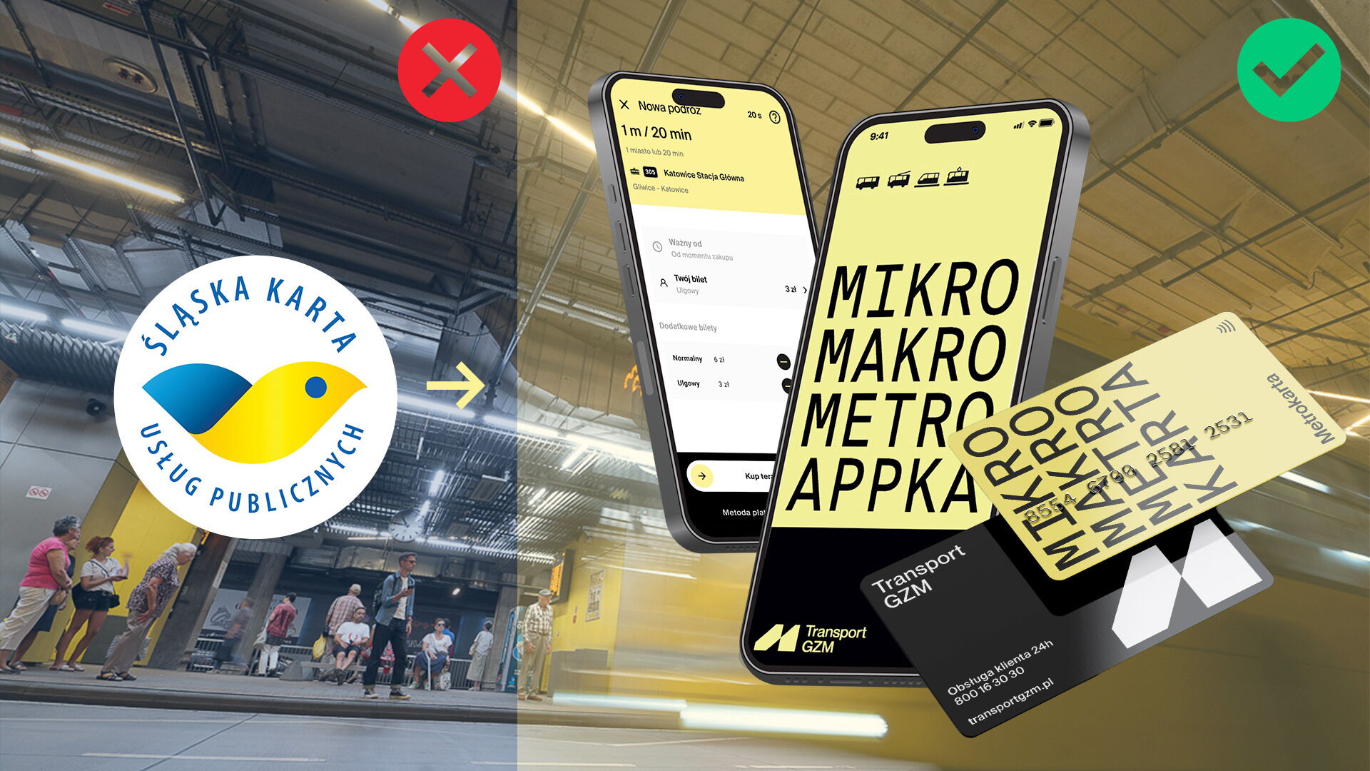 Z lewej logotyp Śląskiej Karty Usług Publicznych i znak x na czerwonym tle. Z prawej smarfony z wyświetloną aplikacją Tramsport GZM, karta systemu i znak potwierdzenia na zielonym tle. W tle dworze autobusowy.