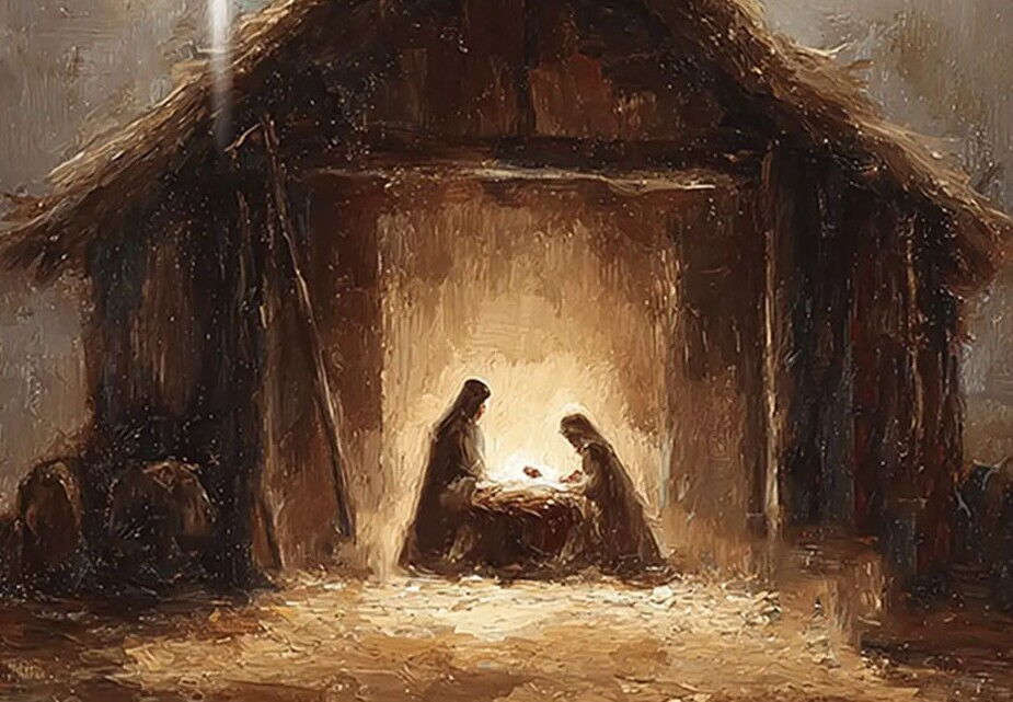 Grafika malowana przedstawiająca stajenkę i postacie pochylone nad żłóbkiem.