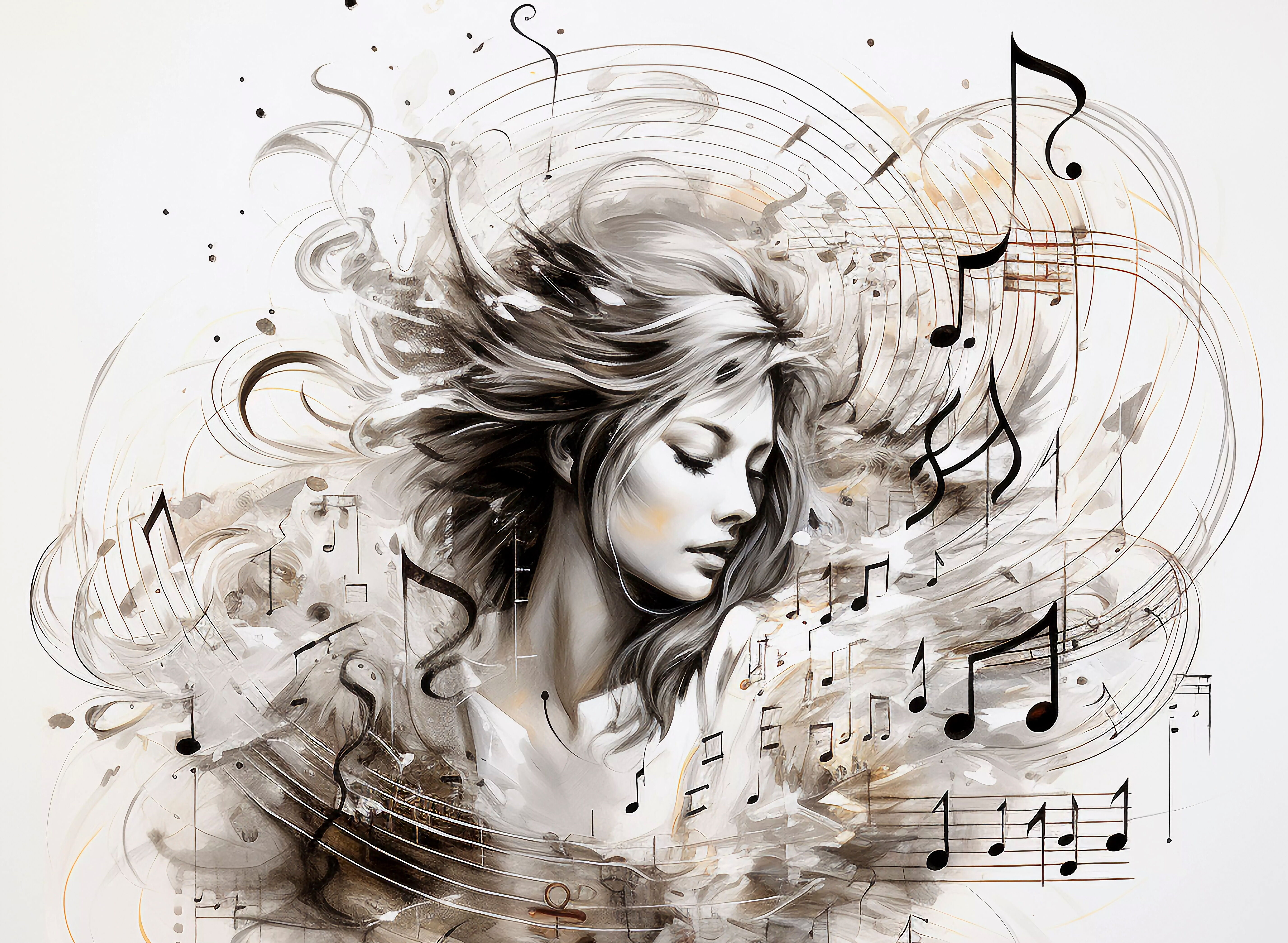 Portret kobiety w otoczeniu nut