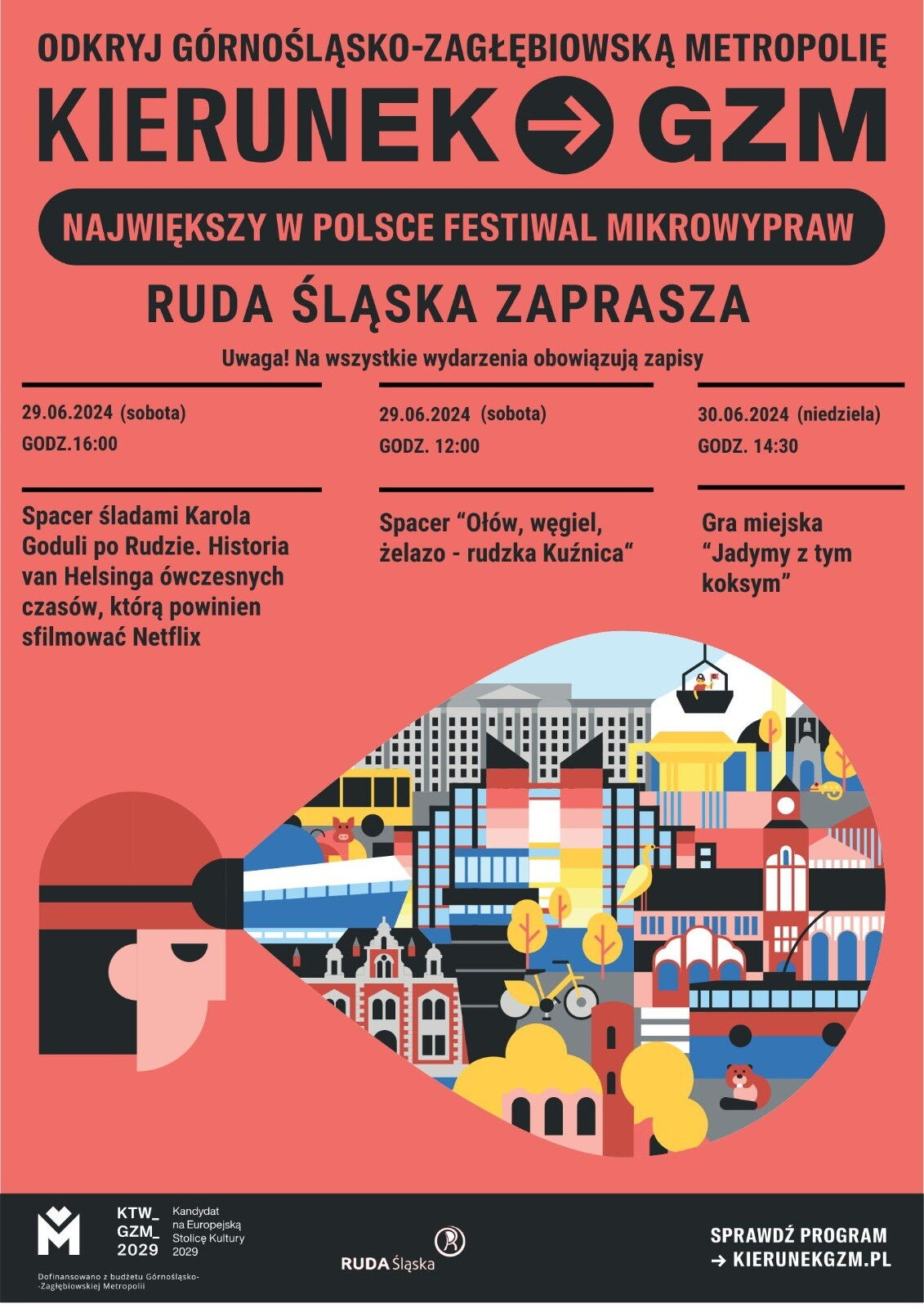 grafika zapowiadająca wydarzenia, czarny tekst na czerwonym tle, rysunek człowieka w kasku z lampką