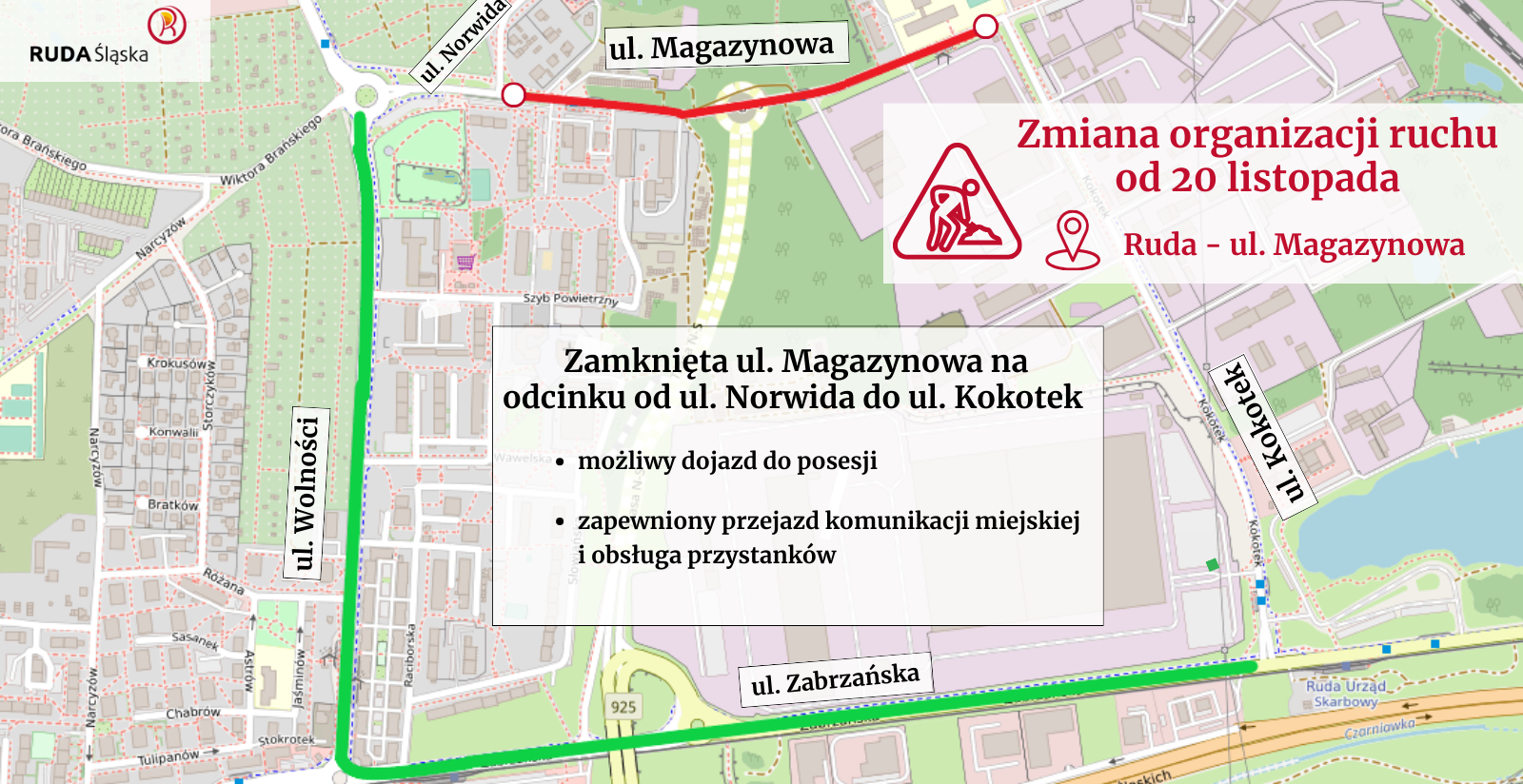 Mapka przedstawiająca zamknięie na ul. Magazynowej.