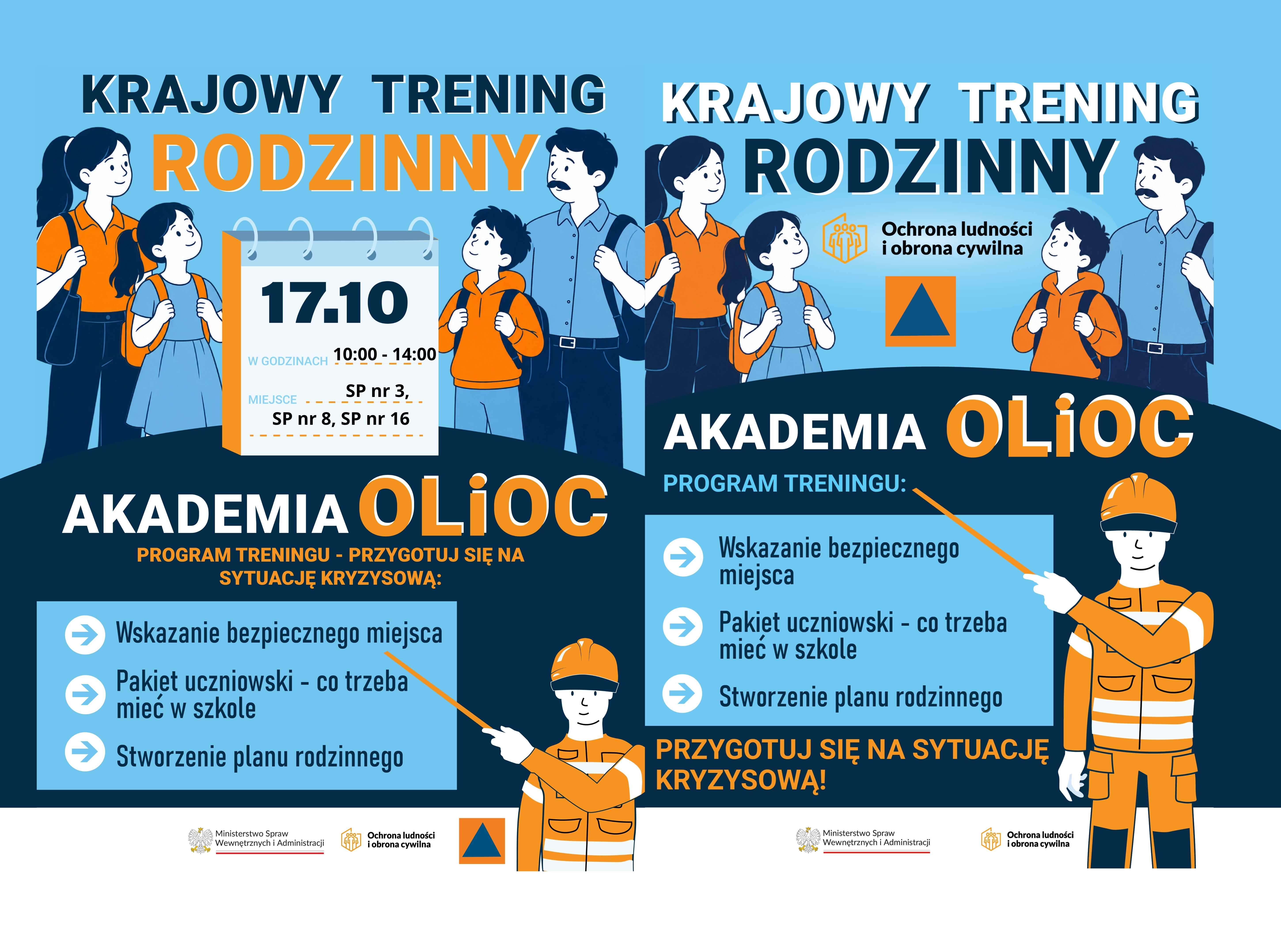 Grafika informująca o „Krajowym Treningu Rodzinnym” w ramach „Akademii OLioC”. Wydarzenie odbędzie się 17 października w godzinach 10:00–14:00 w Szkołach Podstawowych nr 3, 8 i 16. Program treningu skupia się na przygotowaniu do sytuacji kryzysowych i obe