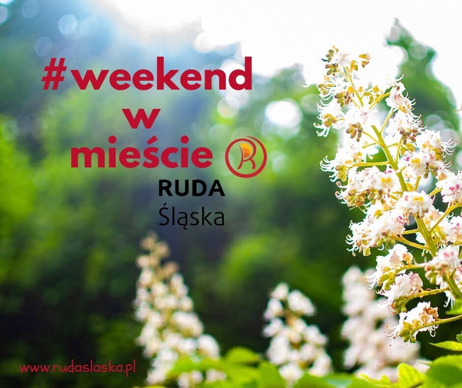 Obraz prezentuje białe kwiaty, oraz napis "#weekend w mieście" wraz z logiem Rudy Śląskiej