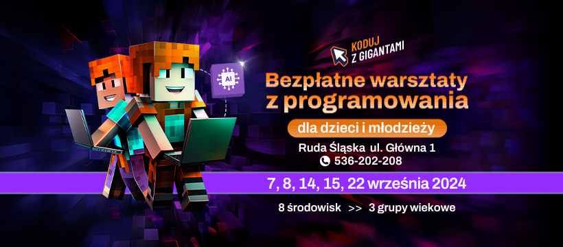Grafika zapowiadająca warsztaty Gigancki Programowania.