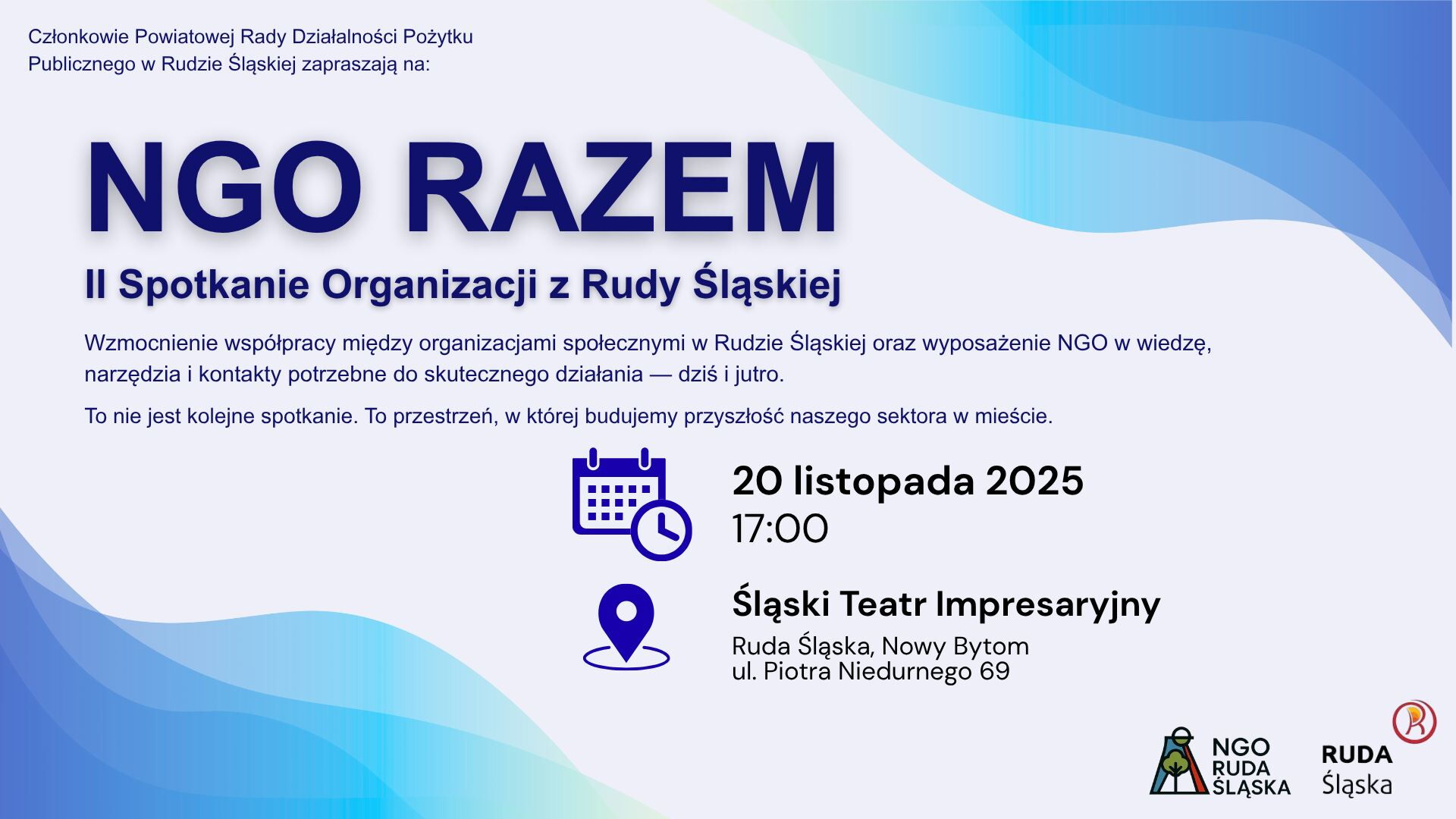 Informacje o spotkaniu przedstawicieli rudzkich organizacji pozarządowych. Logotypy: NGO Ruda Śląska, Ruda Śląska.