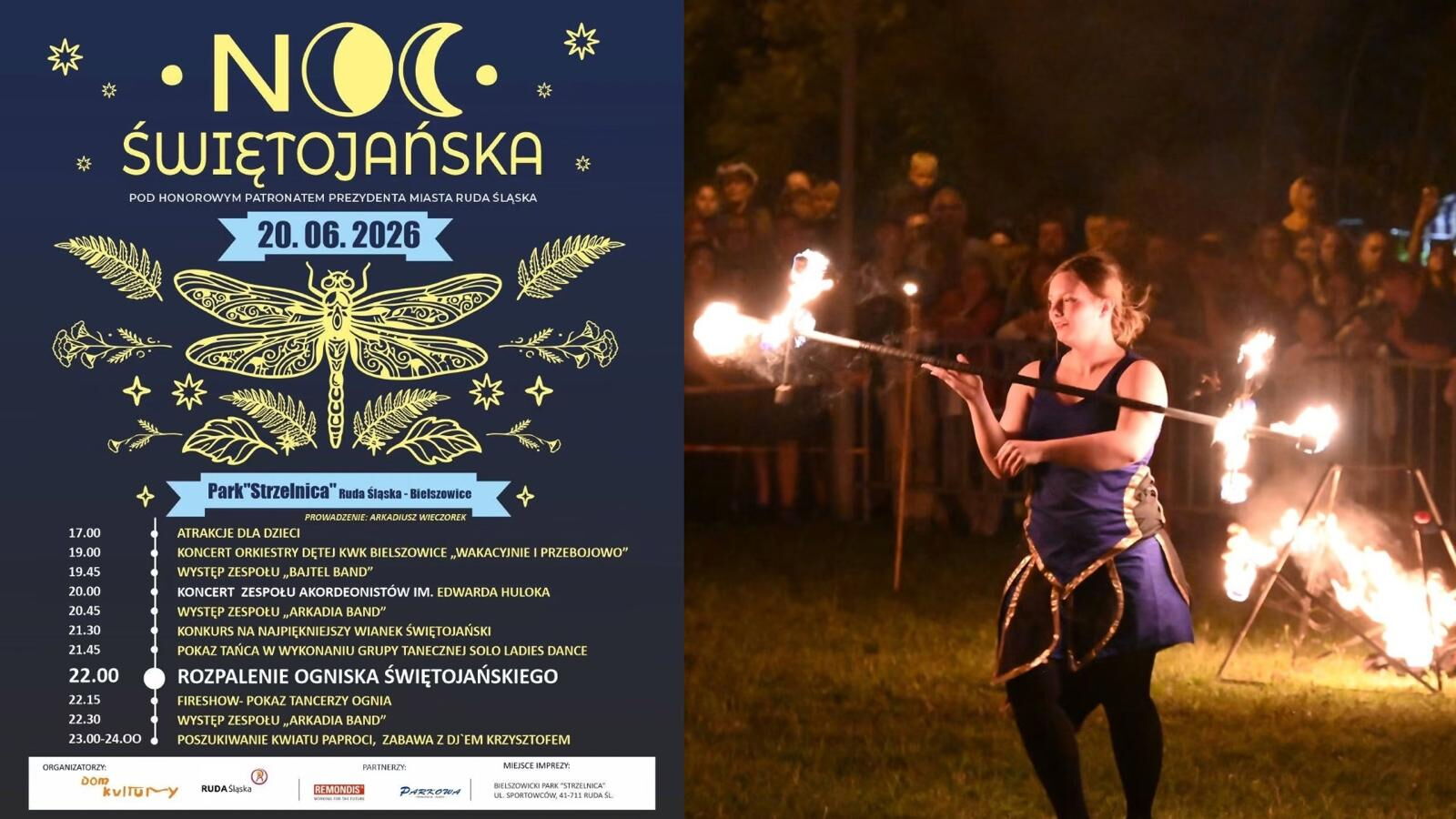 Grafika podzielona na dwie części. Po lewej stronie znajduje się plakat wydarzenia "Noc Świętojańska". Po prawej stronie widoczne jest zdjęcie przedstawiające kobietę wykonującą pokaz tańca z ogniem przed publicznością