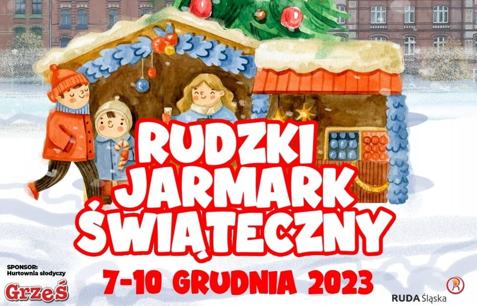 grafika przedstawiająca domek świąteczny, przy nim dzieci, na tle grafiki napis