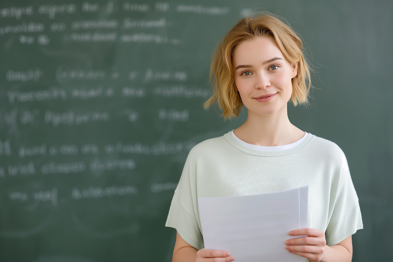 Dziewczyna stojaca przy tablicy i trzymająca kartkę.