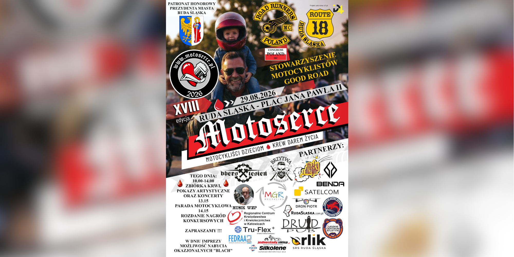 Plakat XVII edycji akcji Motoserce. W tle mężczyzna z dzieckiem w czerwonym kasku motocyklowym na barkach. Na plakacie znajdują się informacje o zbiórce krwi. Widoczne są logotypy partenerów