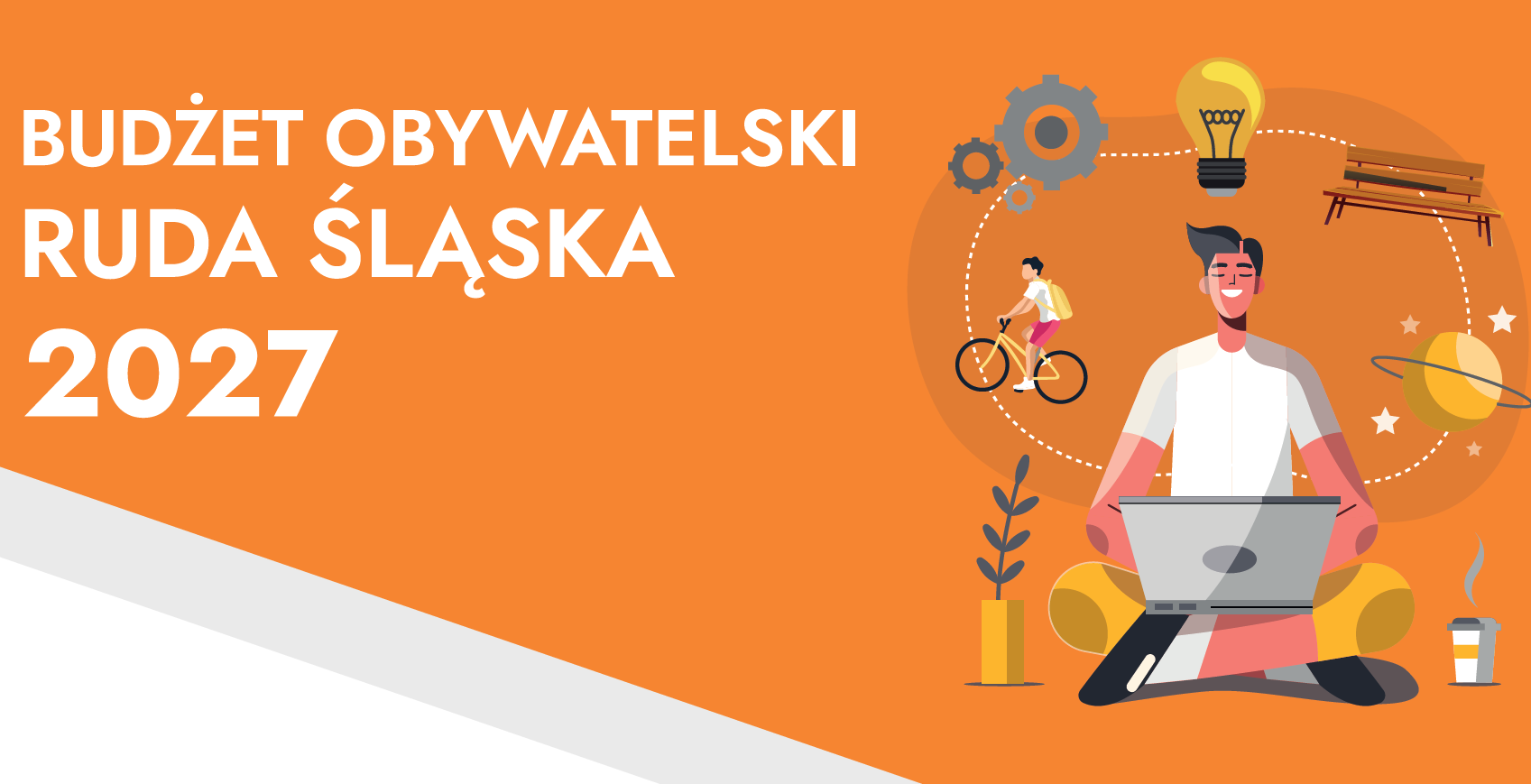 Tekst "Budżet obywatelski Ruda Śląska 2027". Mężczyzna z laptopem, wokół niego wazon z rośliną, rowerzysta, zębatki, żarówka, ławka, planeta, kawa.