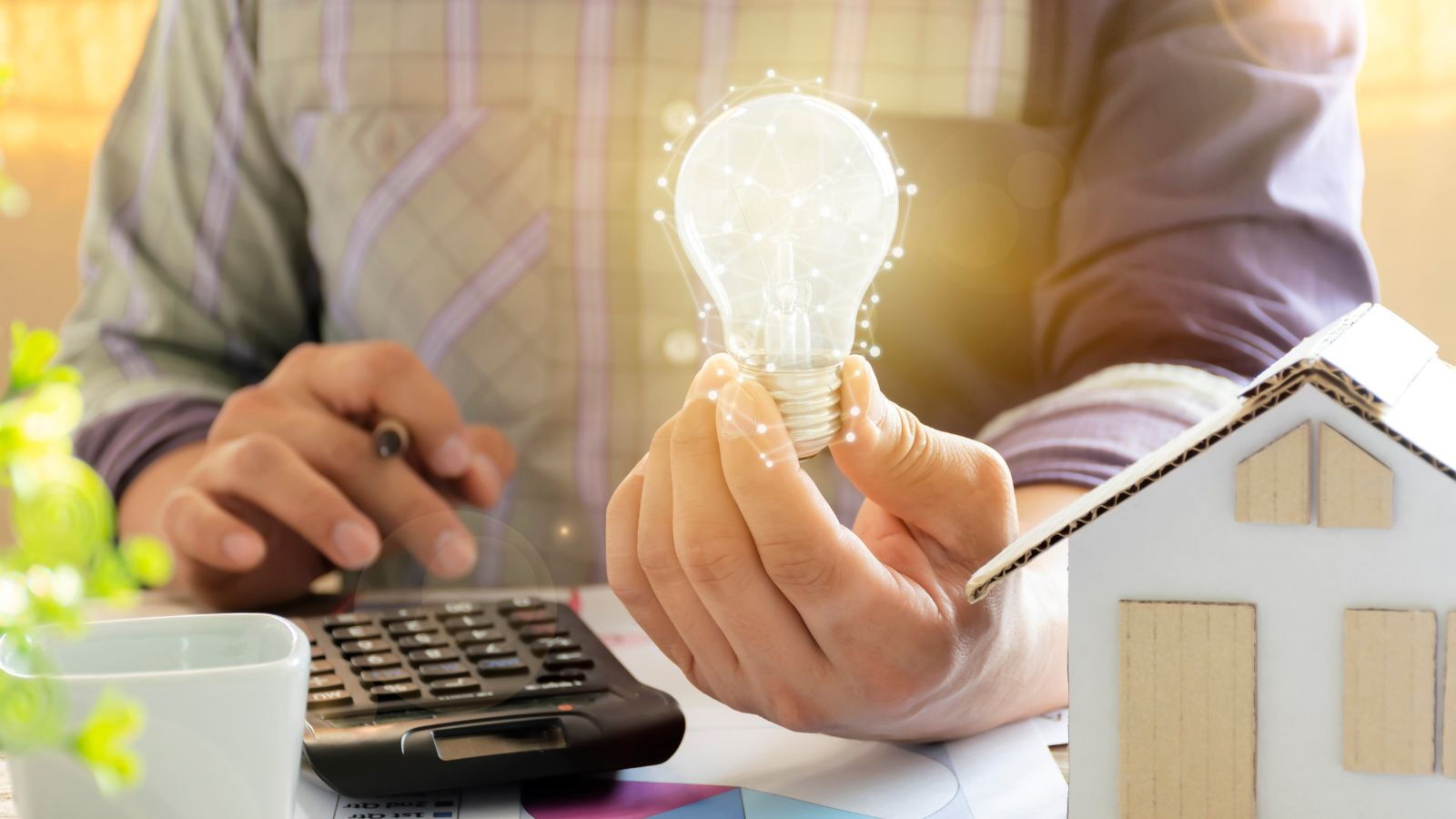 Na pierwszym planie żarówka trzymana w dłoni. W tle postać człowieka, mały domek z kartonu.