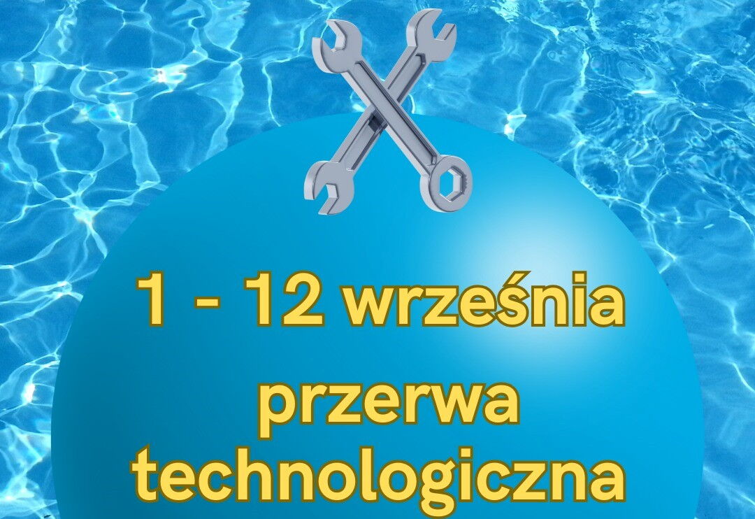 Skrzyżowane klucze narzędziowe, tekst "1-12 września przerwa technologiczna".