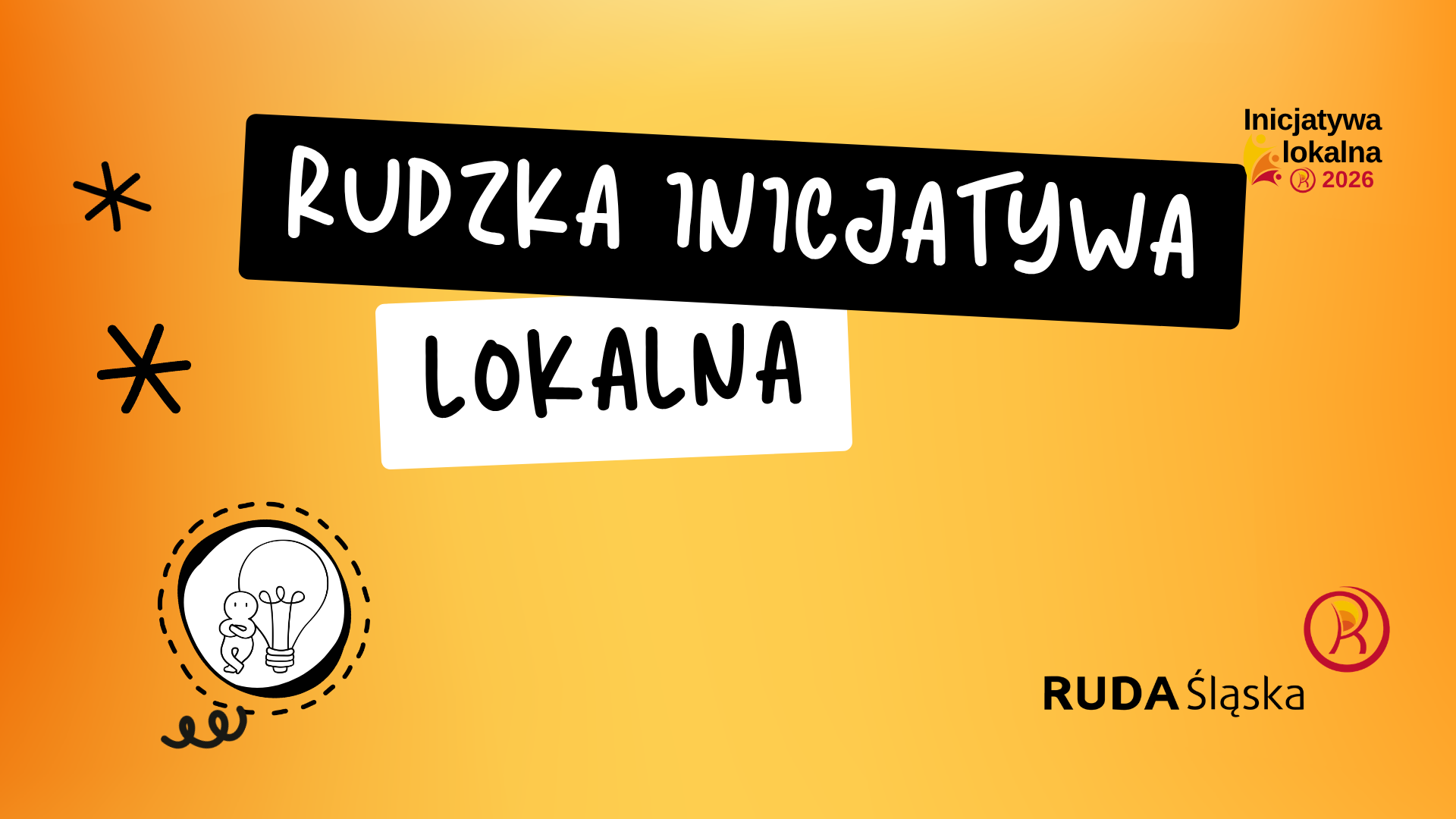 Tekst "Rudzka Inicjatywa Lokalna", żarówka, ludzik, logo Rudy Śląskiej.