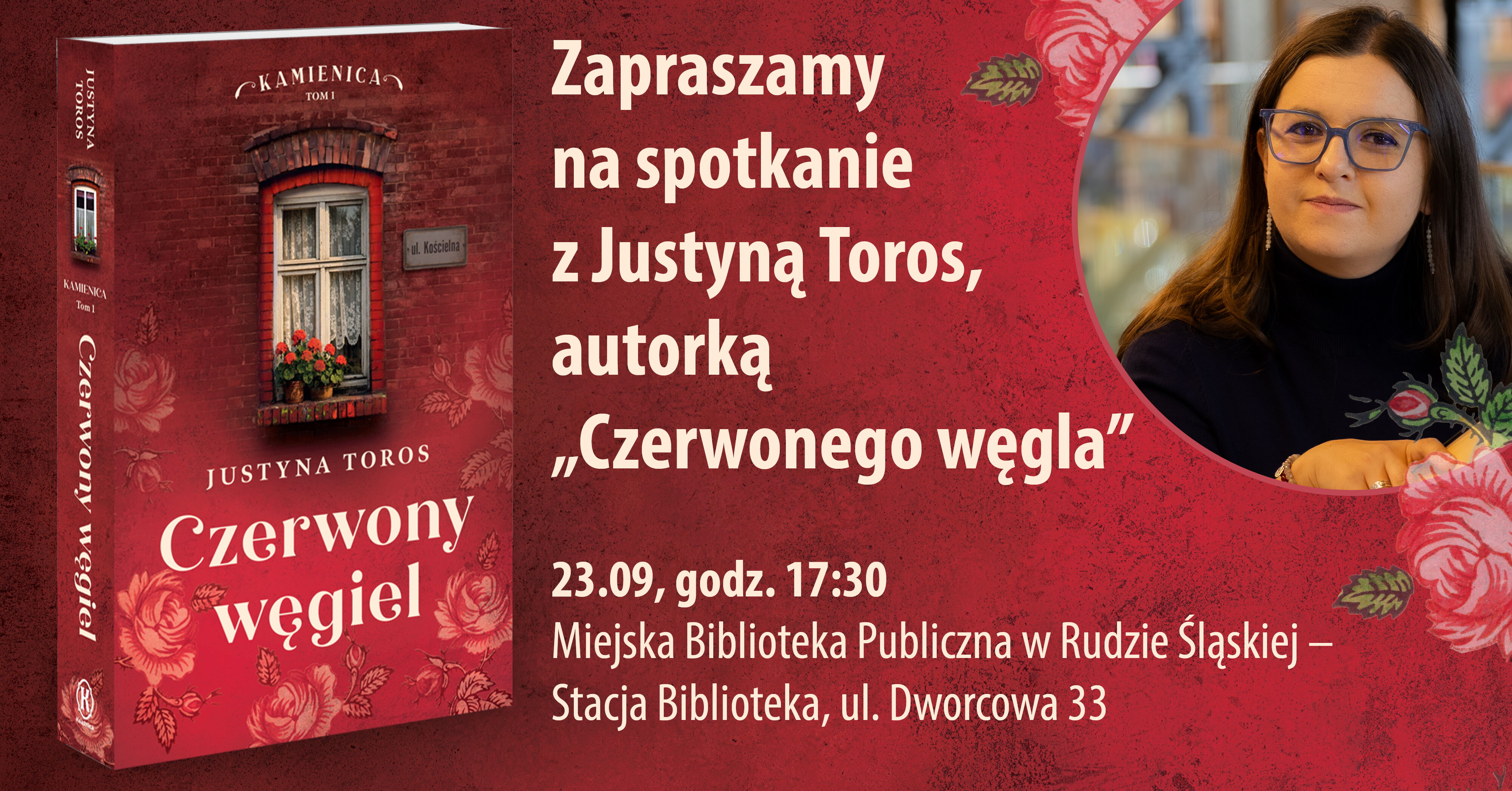 Zapowiedź spotkania autorskiego - książka Czerwony węgiel, zdjęcie autorki.