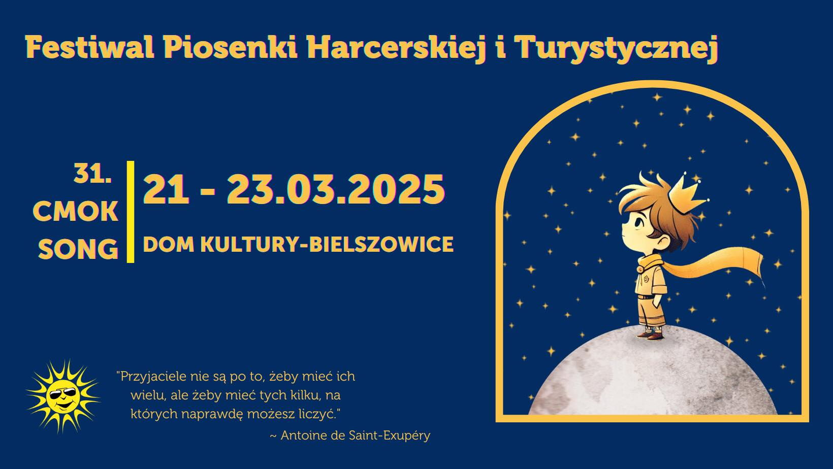 grafika na granatowym tle rysunek małego księcia z lewej data i tytuł wydarzenia