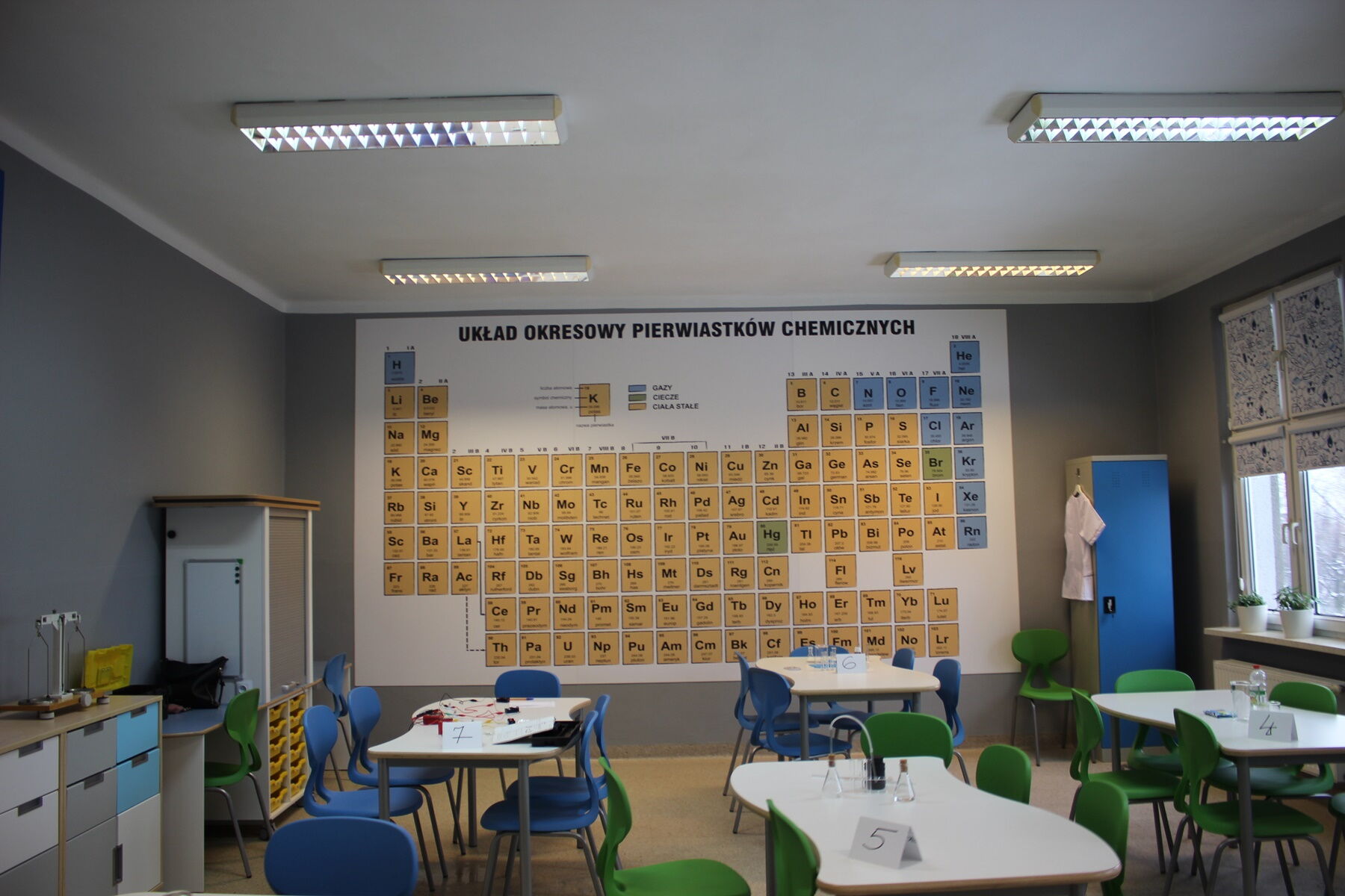 Sala lekcyjna. Na ścianie duży układ okresowy pierwiastków. Z przodu ławki, krzesła, szafki. Po prawej stronie okno.