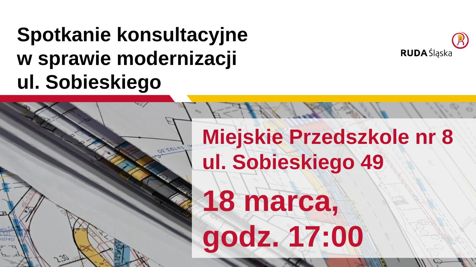 Zapowiedź spotkania z mieszkańcami, 18 marca. W tle mapy.