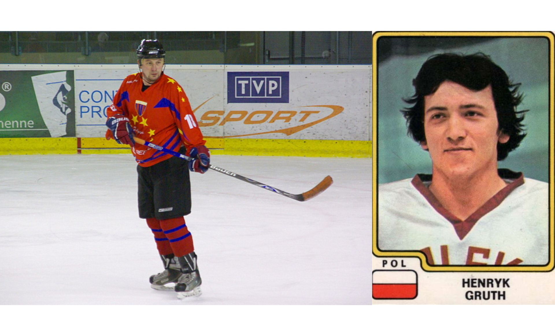 Olimpijczyk Henryk Gruth na lodowisku i zdjęcie portretowe.