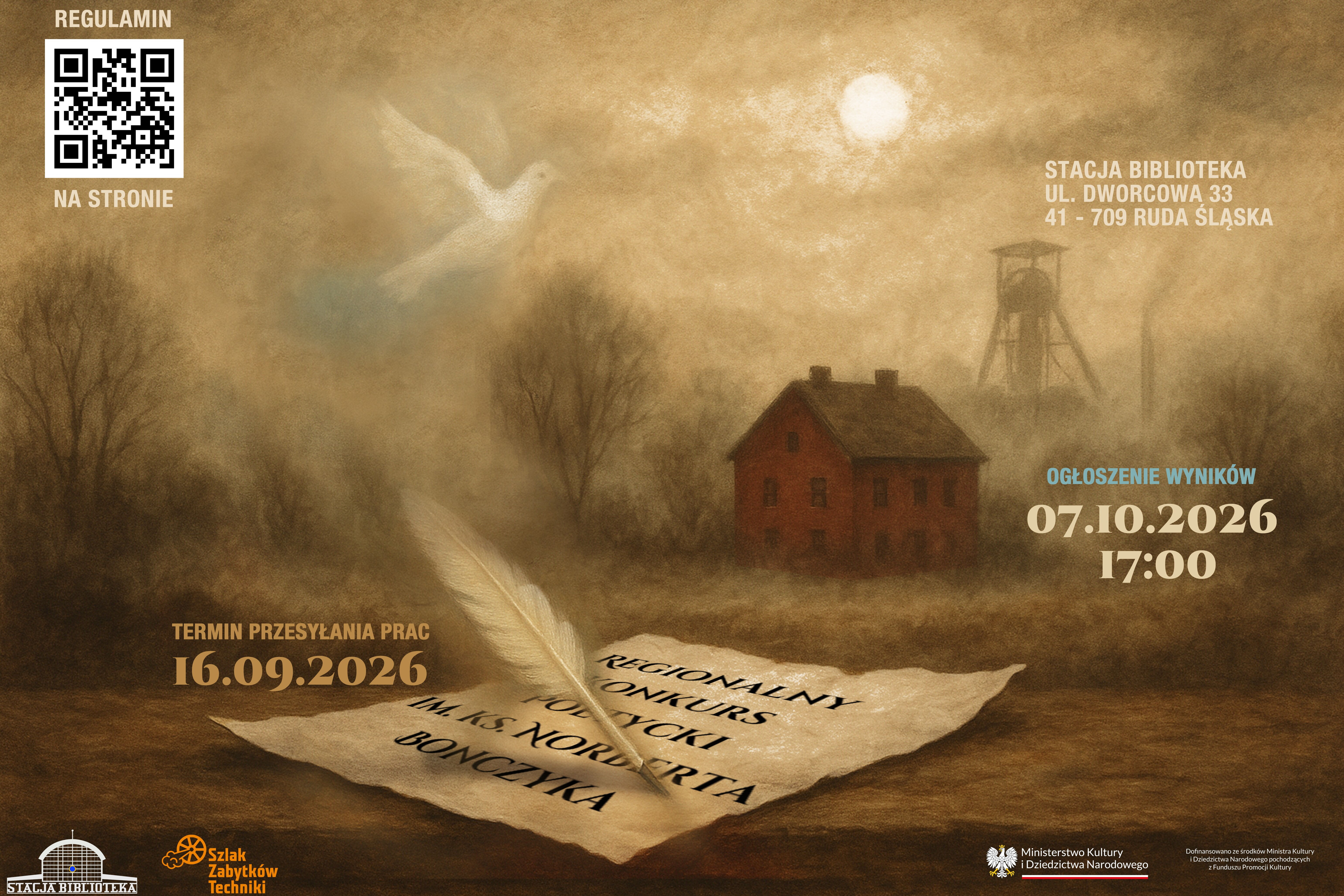 Plakat informujący o Regionalnym Konkursie Poetyckim im. ks. Norberta Bonczyka. W tle mglisty pejzaż z ceglanym domem, wieżą szybu górniczego, białą gołębicą oraz kartką papieru z piórem. Podane są terminy przesyłania prac i ogłoszenia wyników.