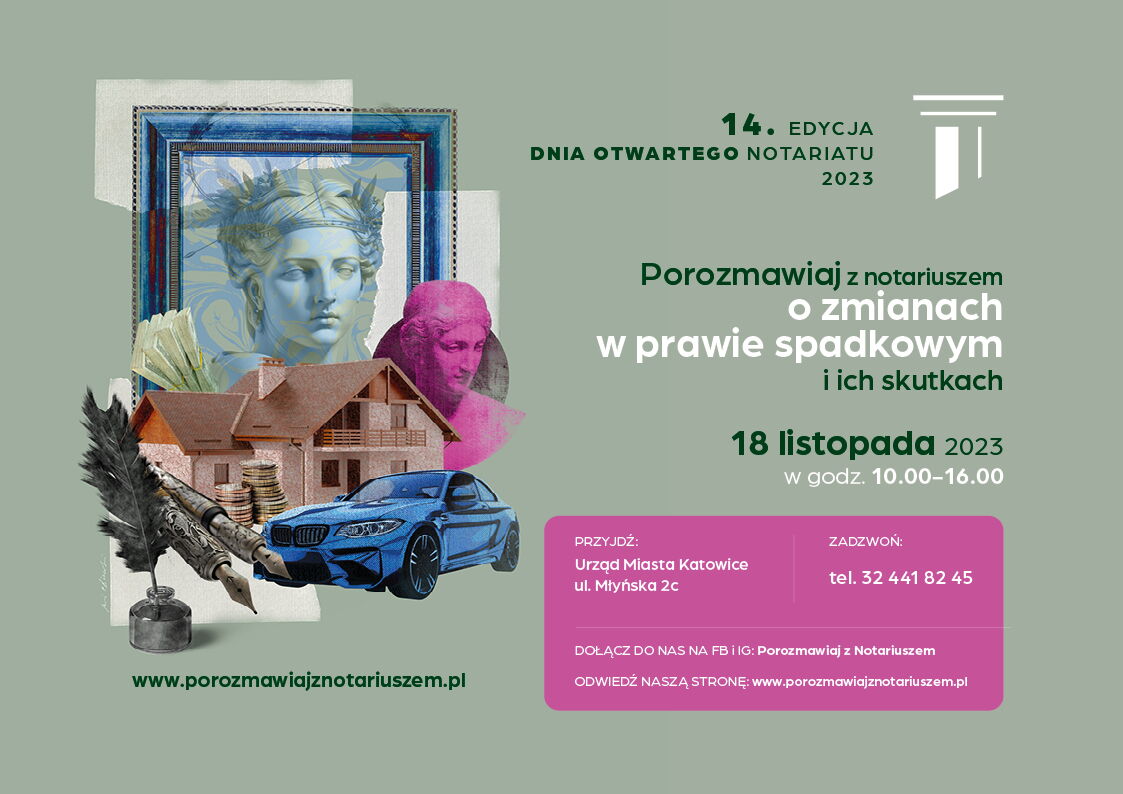 Grafika zapowiadająca Dzień Otwarty Notariatu 18 listopada 2023 w godz. 10-16.00. Porozmawiaj z notariuszem o zmianach w prawie spadkowym i ich skutkach.