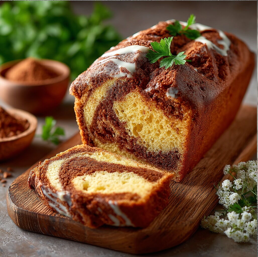 zdjęcie babki marmurkowej - ciasto wyłożone na desce, udekorowane lukrem