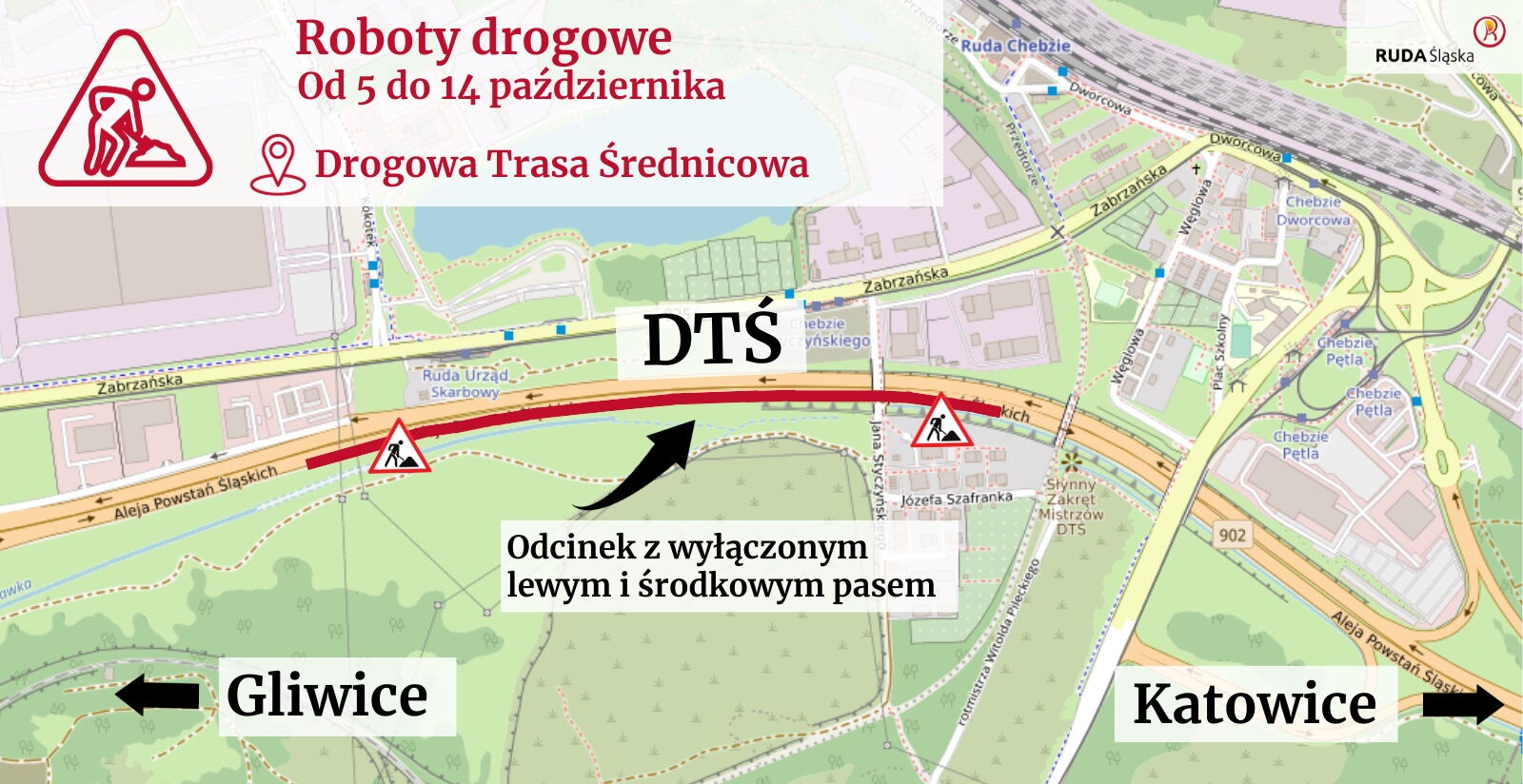 Mapa z zaznaczonym odcinkiem Drogowej Trasy Średnicowej, na którym trwają prace.