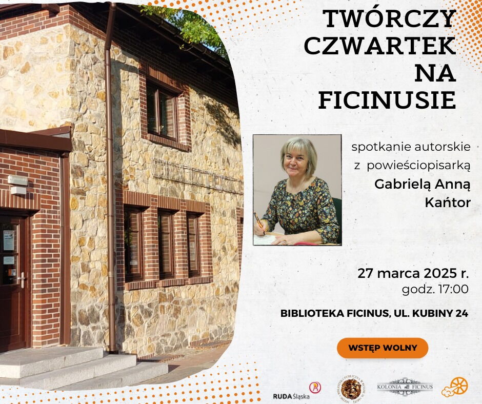 grafika zapowiadająca spotkanie, zdjęcie domku z kolonii Ficinus i zdjęcie gościa