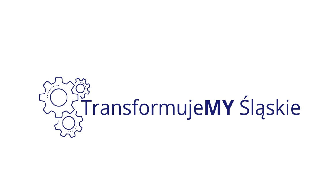 Logotyp - napis transformujemy śląskie na białym tle. Z lewej strony 3 koła zębate.