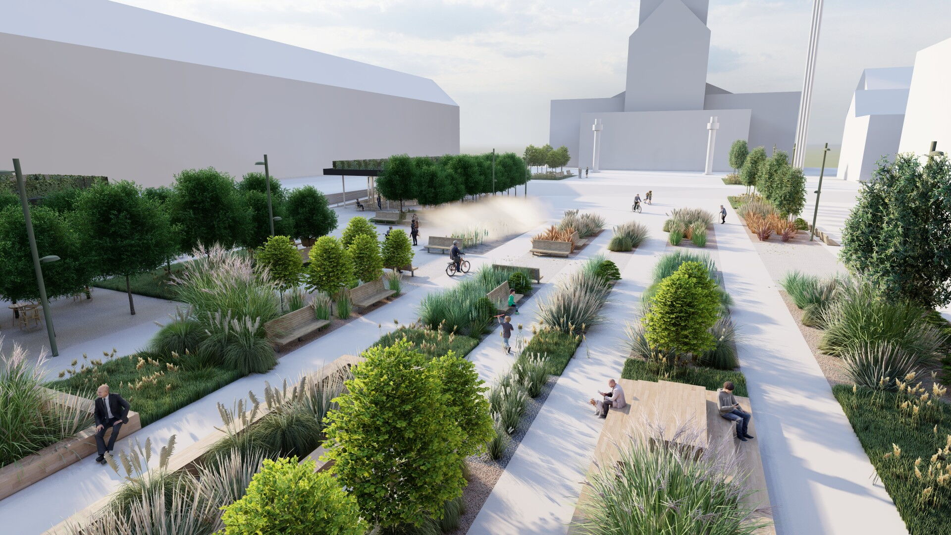 Wizualizacja rynku: szpalery drzew, rabaty, siedziska, ciagi piesze, pawilony.