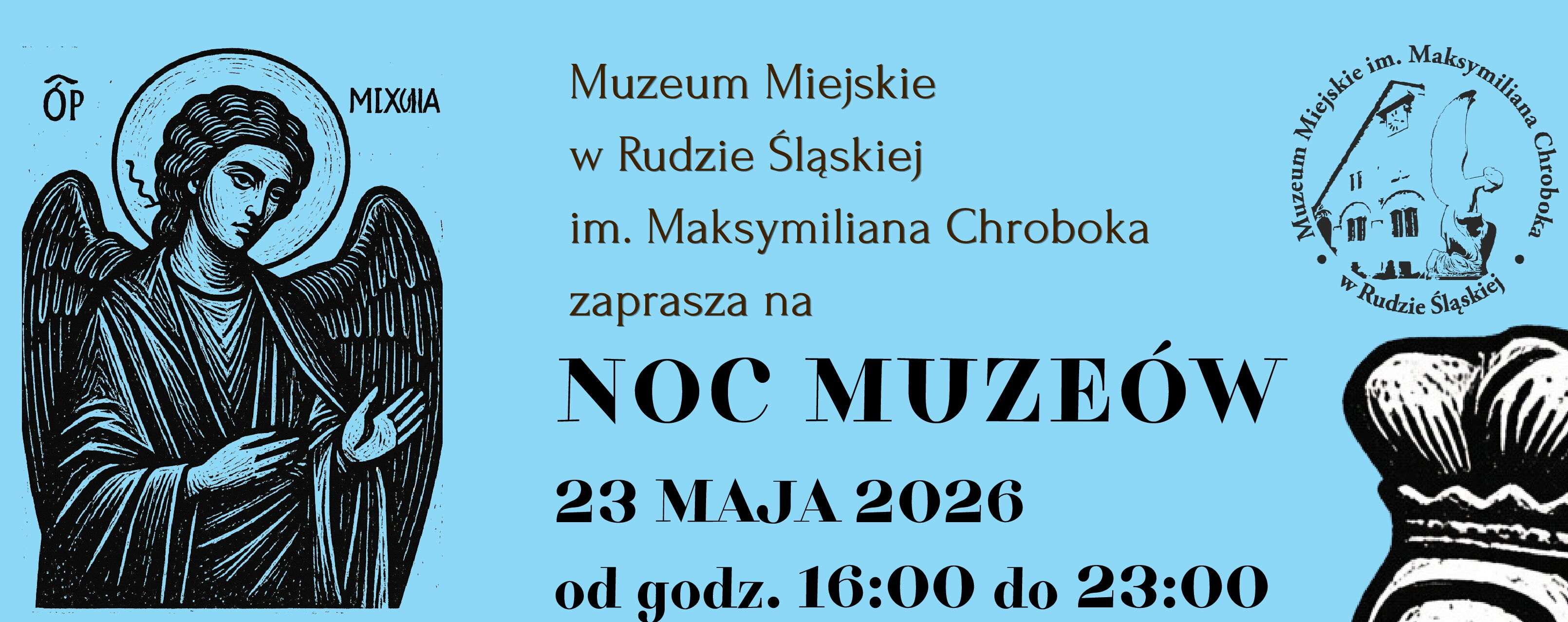 grafika na niebieskim tle przedstawiająca z lewej anioła, po środku informacje o wydarzeniu