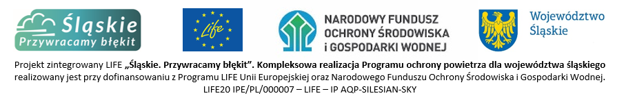 Logotypy: Śląskie Przywracamy błękit, Life, Narodowy Fundusz Ochrony Środowiska i Gospodarki Wodnej, Województwo Śląskie
